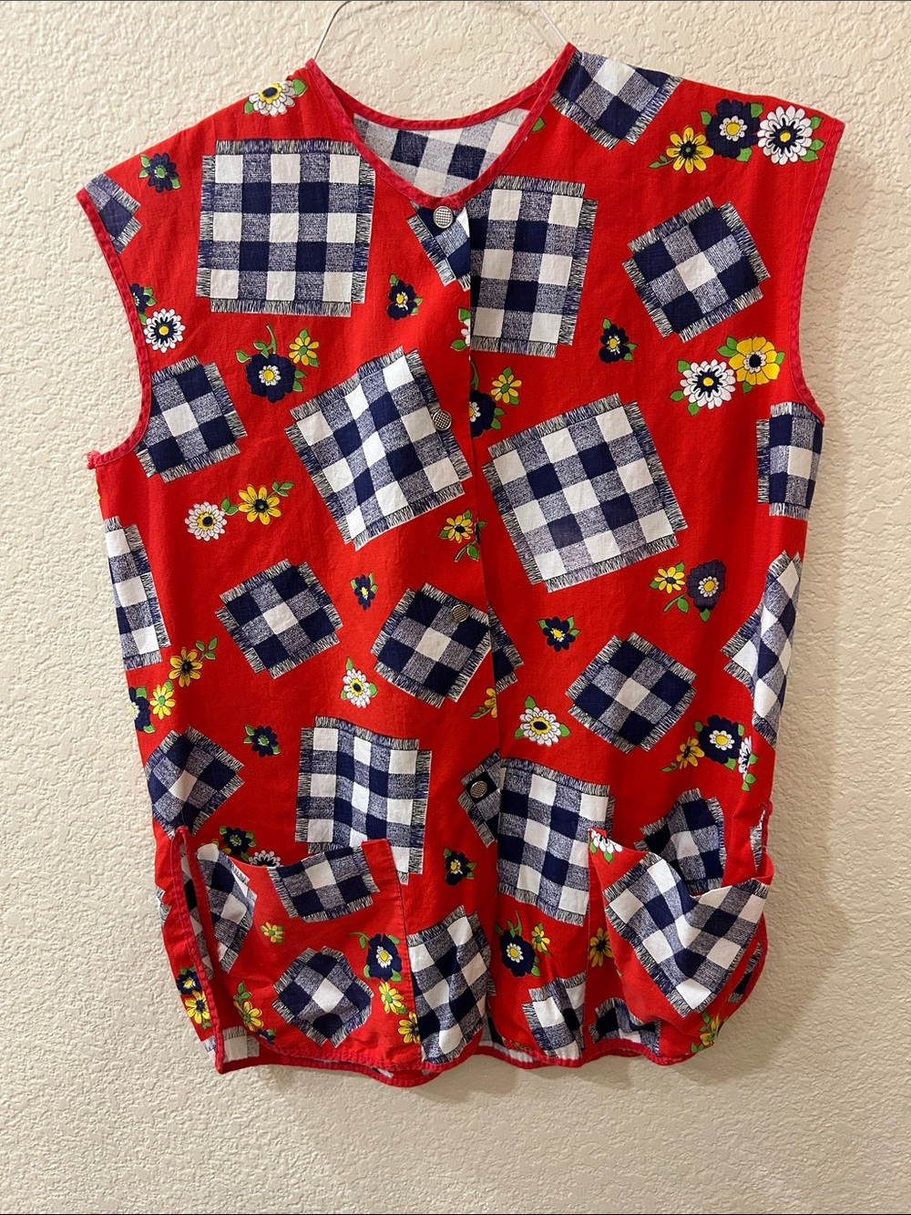 Red Picnic Blanket Print Snap-Front Sleeveless Top
